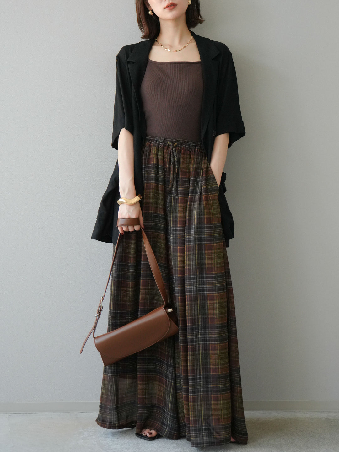 [預購] 透視格紋寬鬆褲/棕色