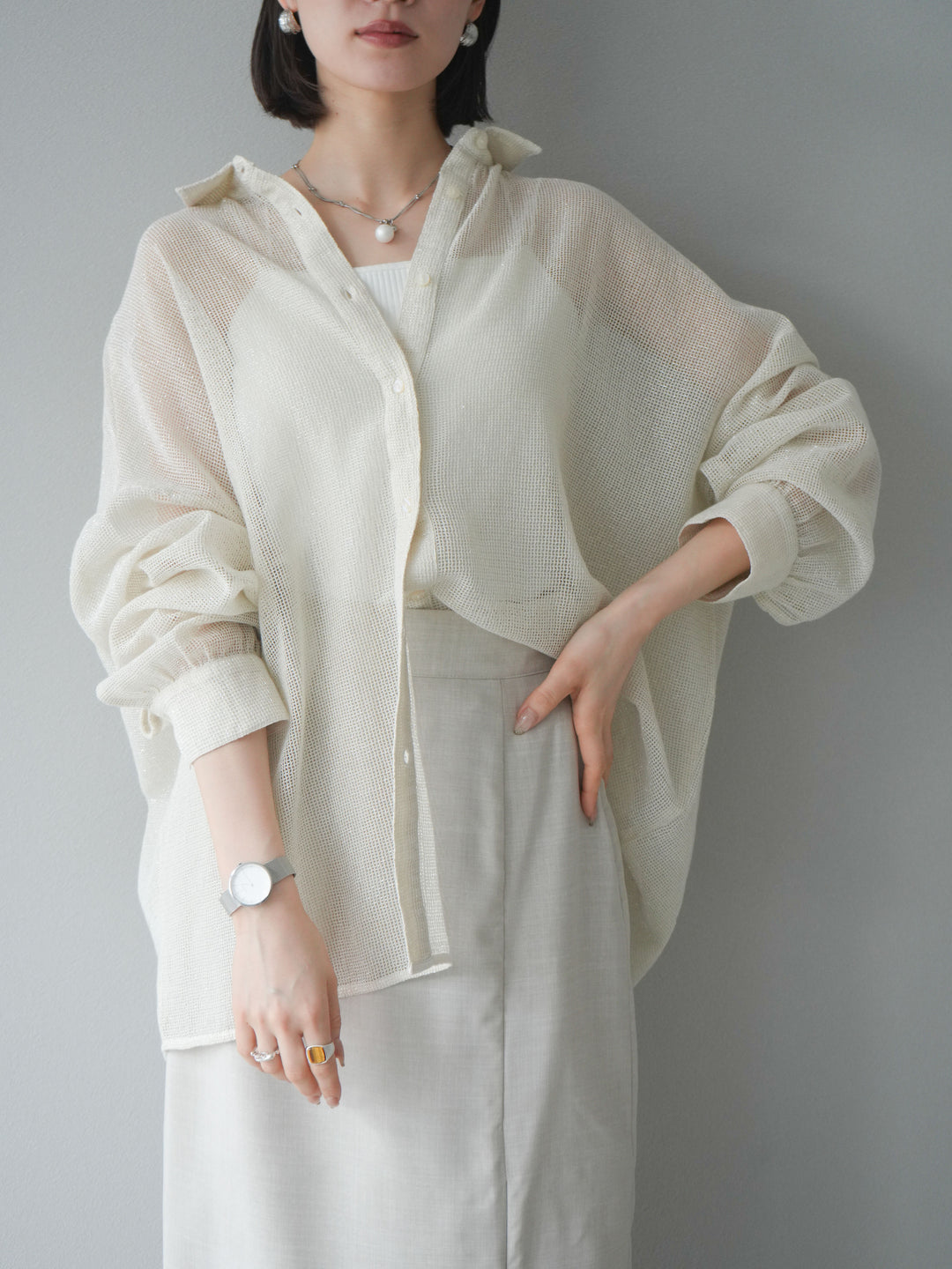 [予約]コットンラメメッシュオーバーシャツ/アイボリー