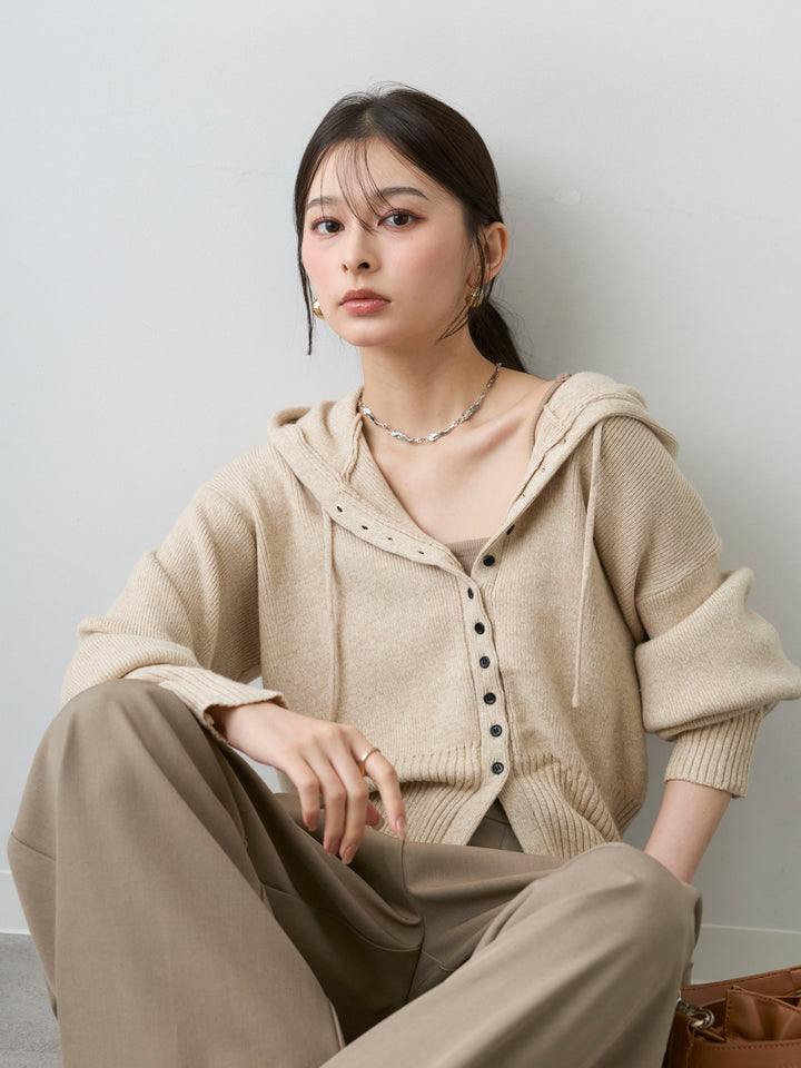 [SET]メランジボリュームスリーブフードニットカーディガン+ツイルタックワイドパンツ(2set)