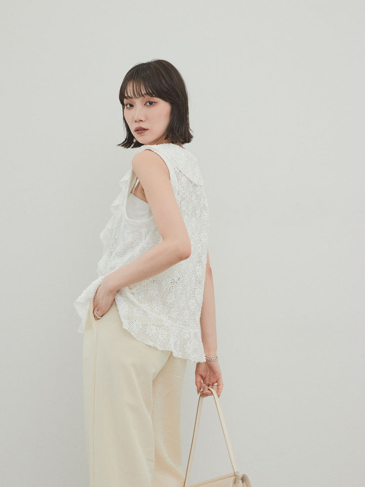 [SET]テープヤーンラッフルノースリトップス+リネンタッチタックワイドパンツ (2set)