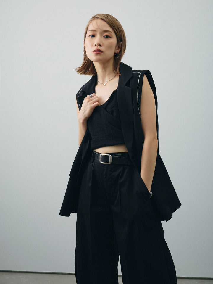 [SET]ステッチデザインベスト+リネンライクカシュクールデザインビスチェ+コクーンワイドチノパンツ(3set)