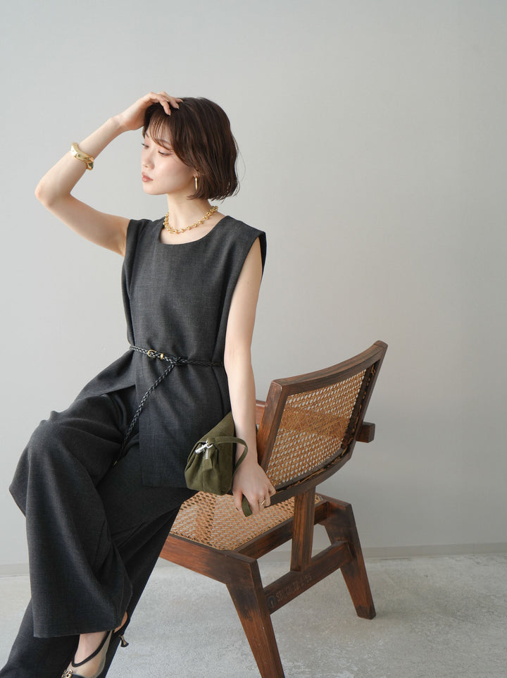 [SET]ベルト付ノースリーブトップス＆ワイドパンツSETUP