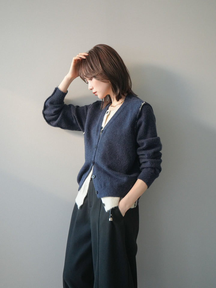 [予約]配色レイヤードニットカーディガン/navy