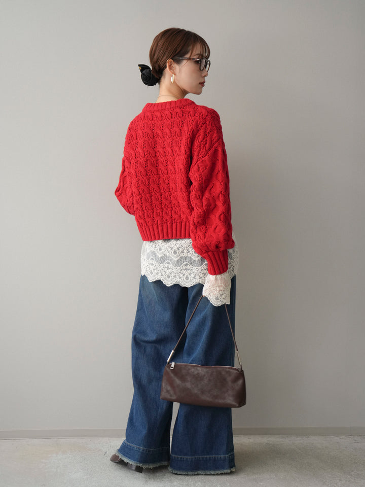 [SET]バルキーケーブルクロップドニットプルオーバー+裏起毛裾フリンジワイドデニムパンツ(2set)
