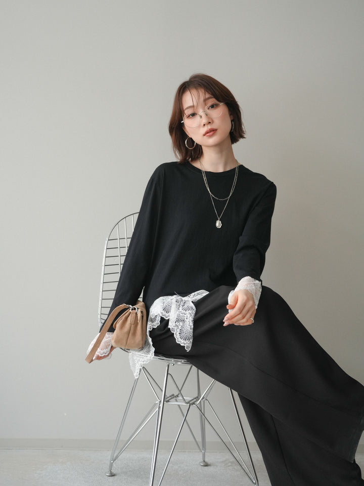 [予約]裾レースコンビカットソー/black