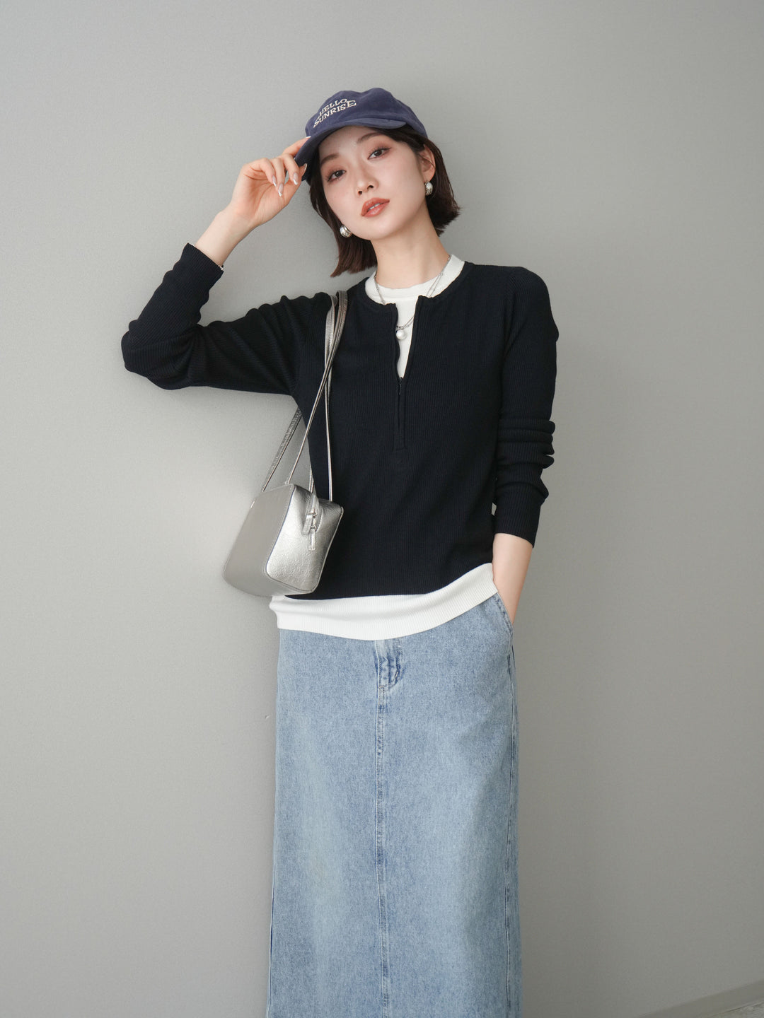 [予約]フロントジップ配色レイヤードニットトップス/navy