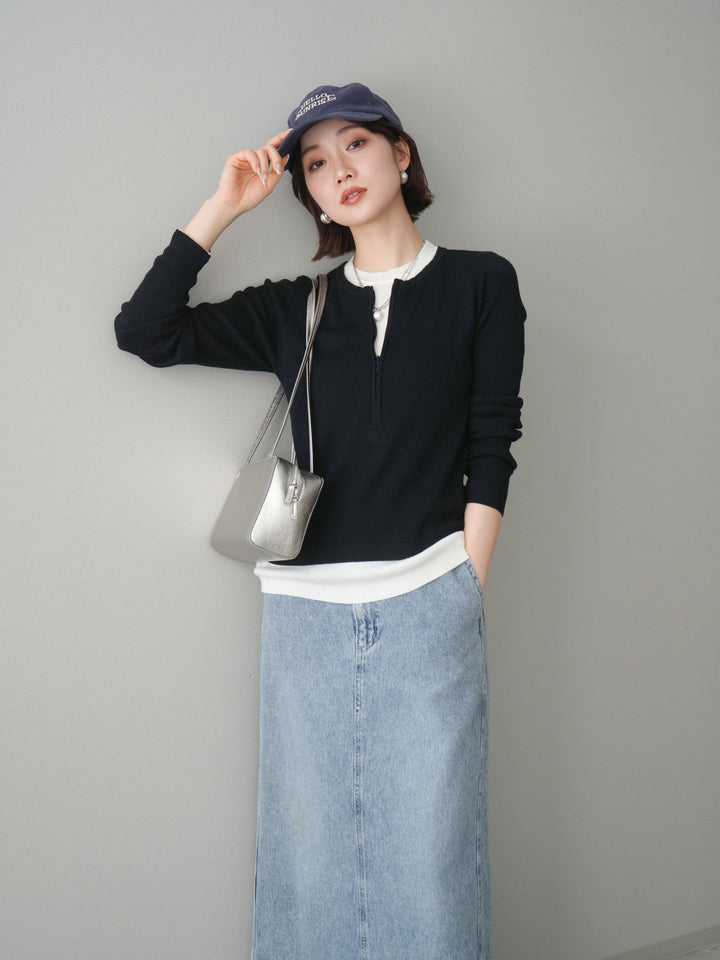 [予約]フロントジップ配色レイヤードニットトップス/navy