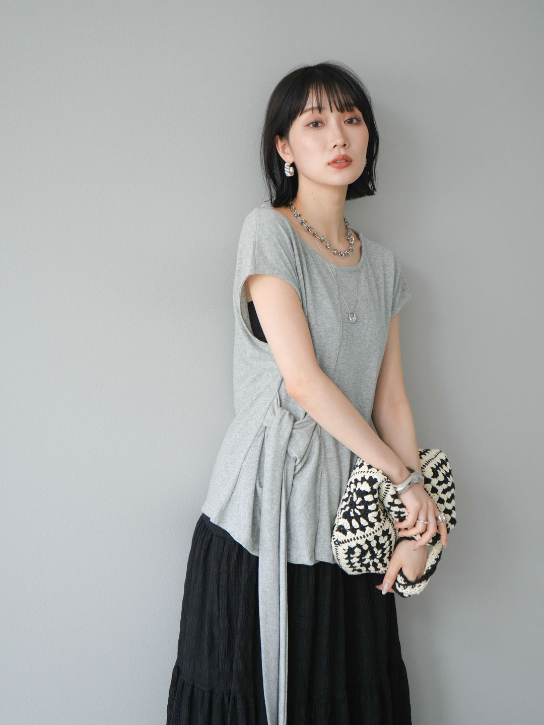 [予約]フロント巻きデザインカットソー/グレー