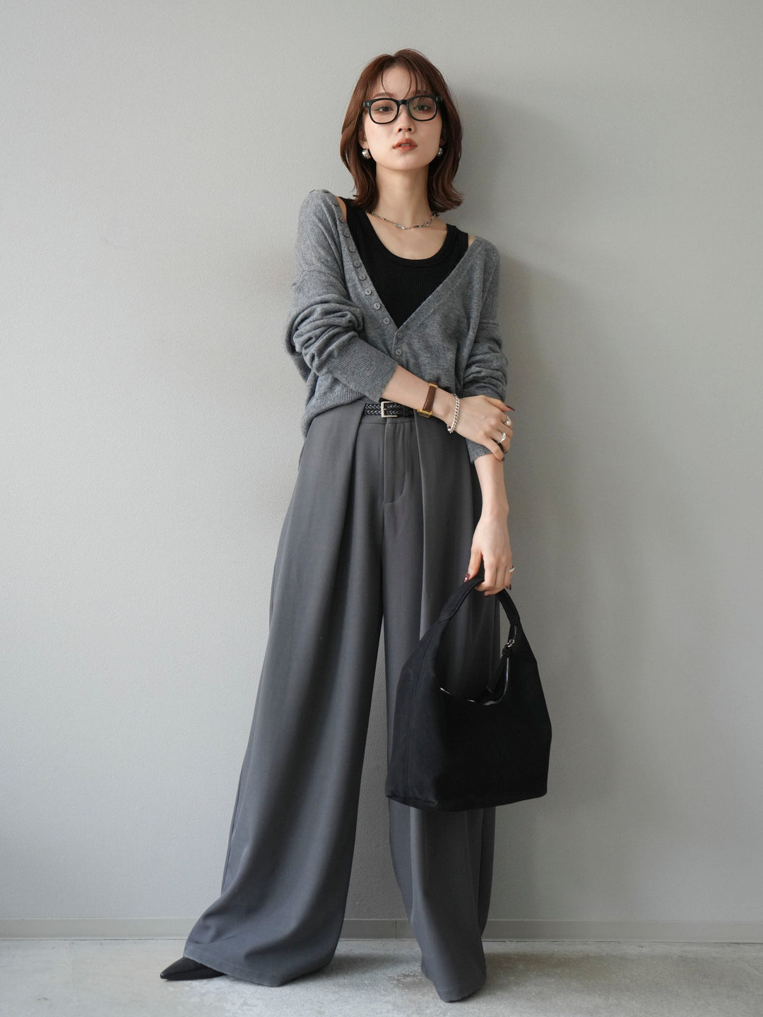 [SET]デザインボタンニットカーディガン＆タンクトップSET+ベルトループデザインワイドパンツ(2set)