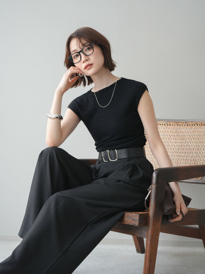 [予約]サイドシャーリングボトルネックノースリーブニットプルオーバー/black