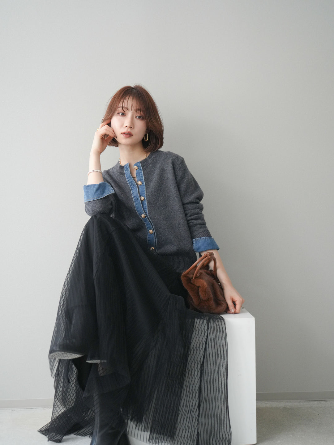 [SET]クルーネックデニムドッキングニットカーディガン+選べるアクセセット(2set)