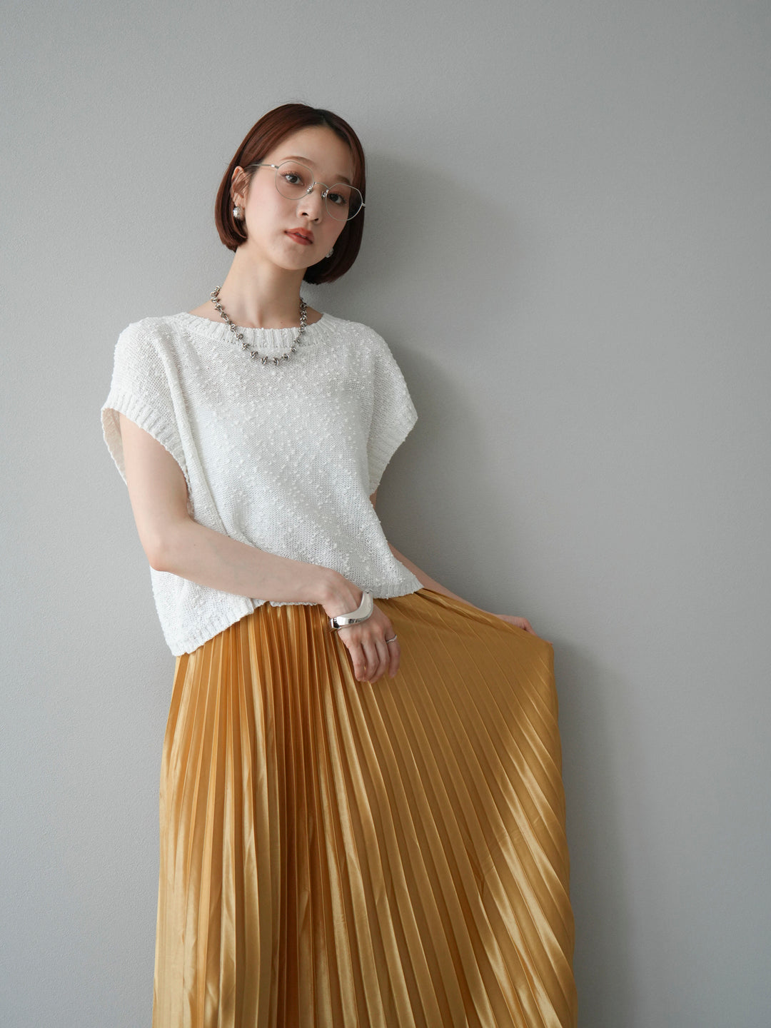 [SET]ネップヤーンクロップドニットベスト+サテンプリーツマキシスカート(2set)