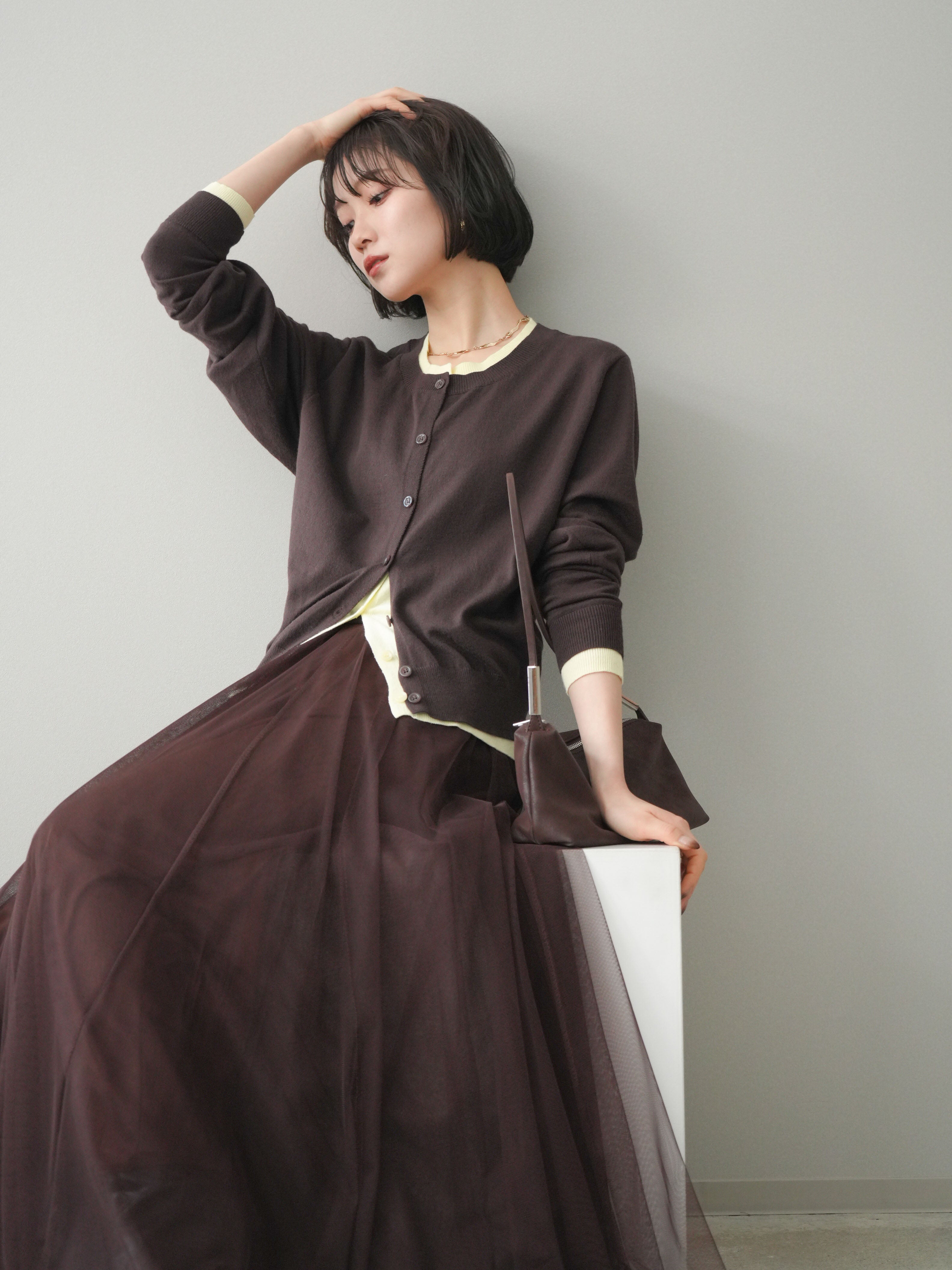 予約]配色レイヤードニットカーディガン/brown – Lumier