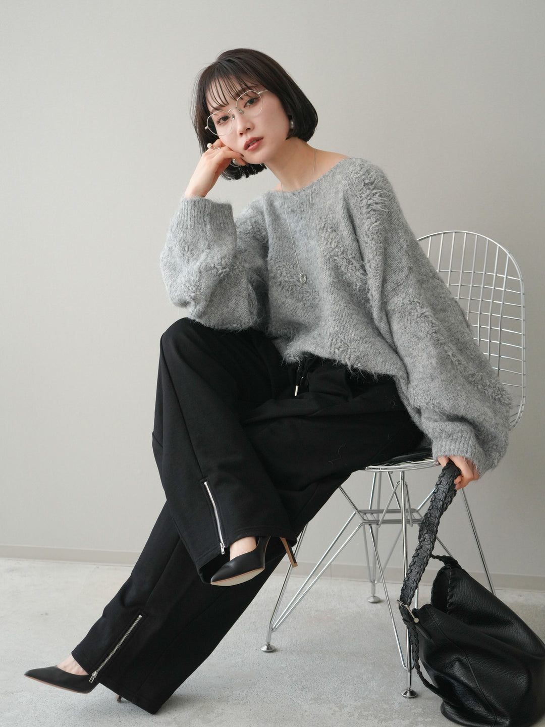 [SET]シャギーデザインニットプルオーバー+選べるアクセセット(2set)