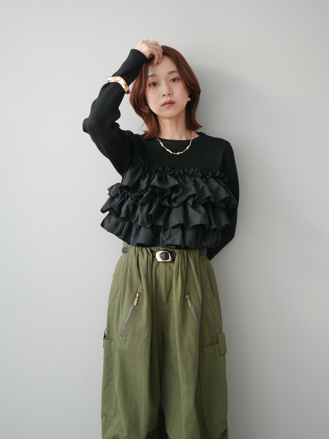 [SET]フリルビスチェドッキングスポンジニットプルオーバー+コットンタックループパンツ(2set)