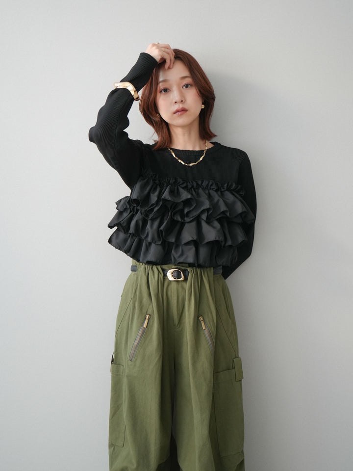 [SET]フリルビスチェドッキングスポンジニットプルオーバー+コットンタックループパンツ(2set)