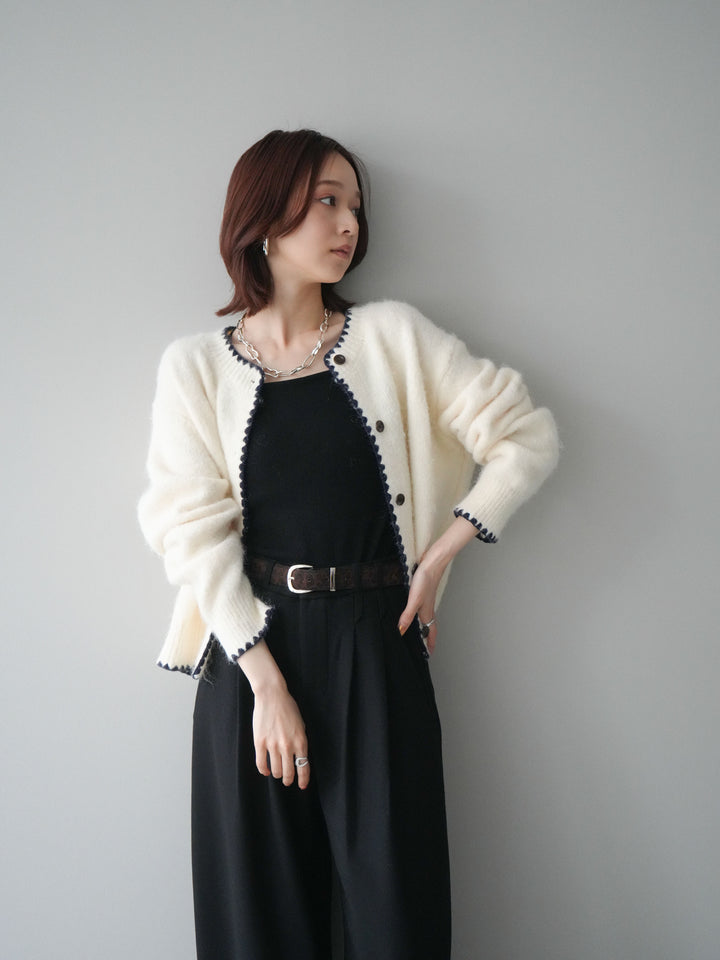 [SET]三角ステッチニットカーディガン+アニマル柄ベルト付きウールタッチワイドパンツ(2set)