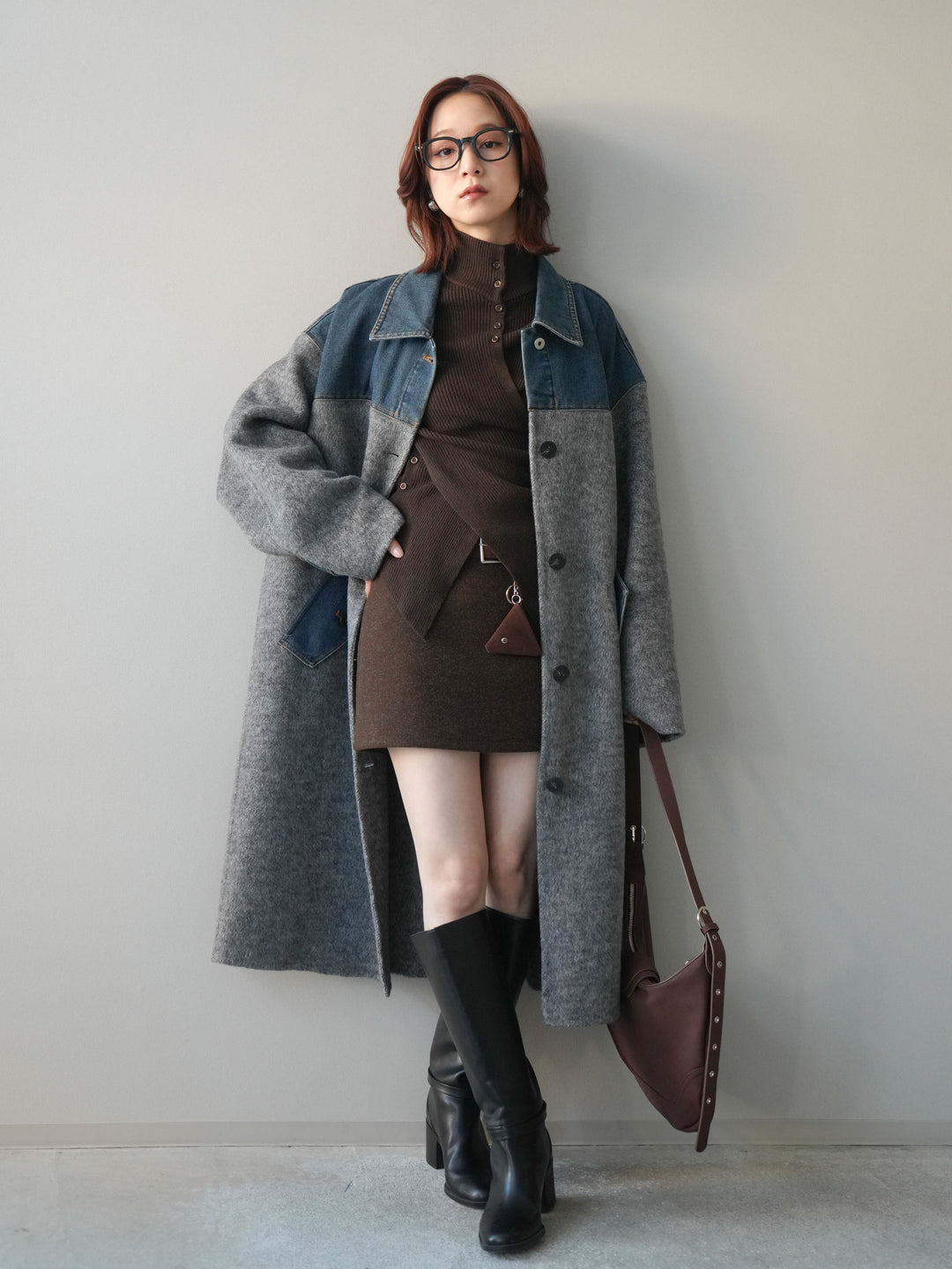 [予約]ウールタッチベルト付ミニスカート/brown