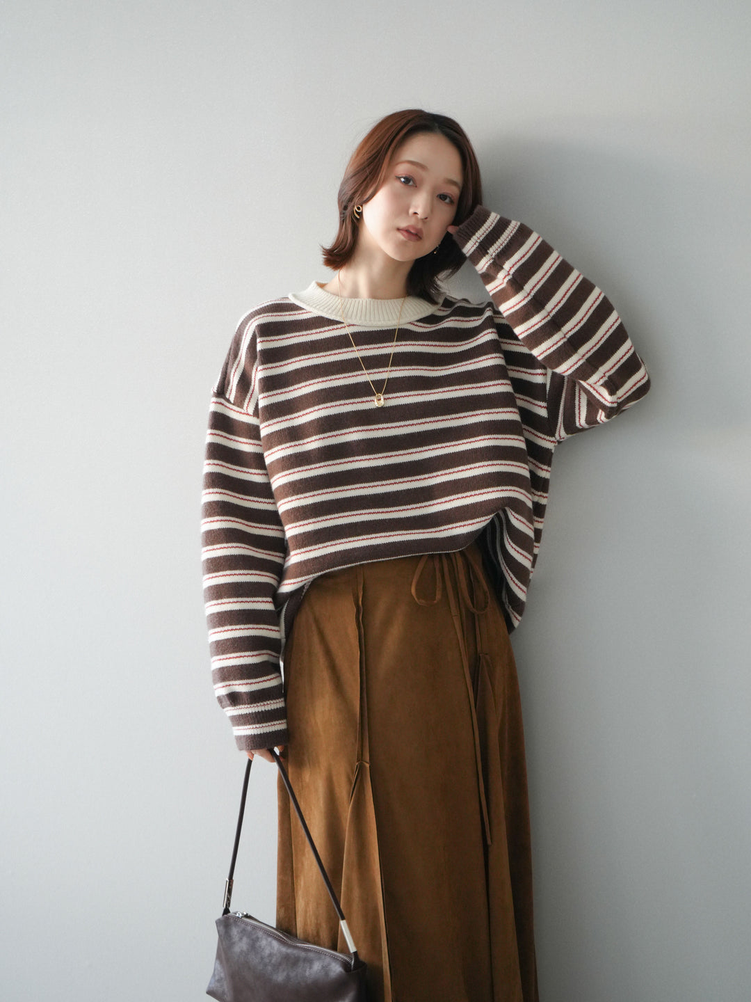 [予約]モックネックボーダーニットプルオーバー/brown