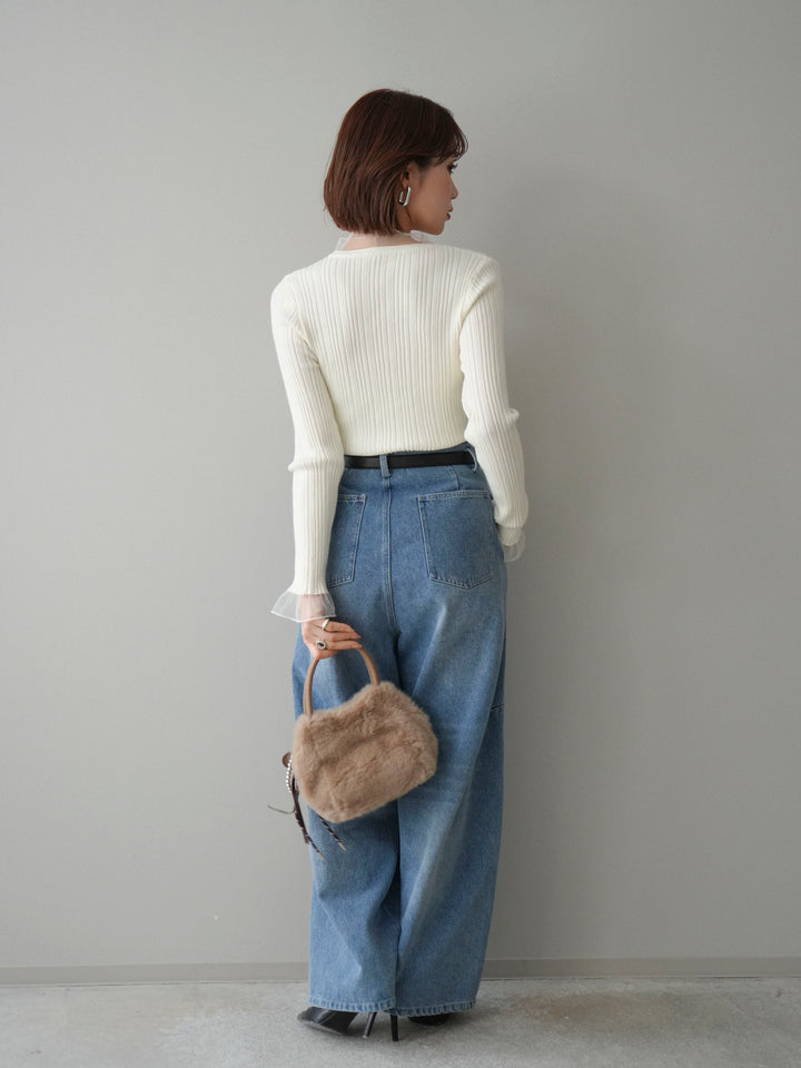 [SET]チュールドッキングリブニットトップス+ハイウエストベルトループデザインデニムパンツ(2set)