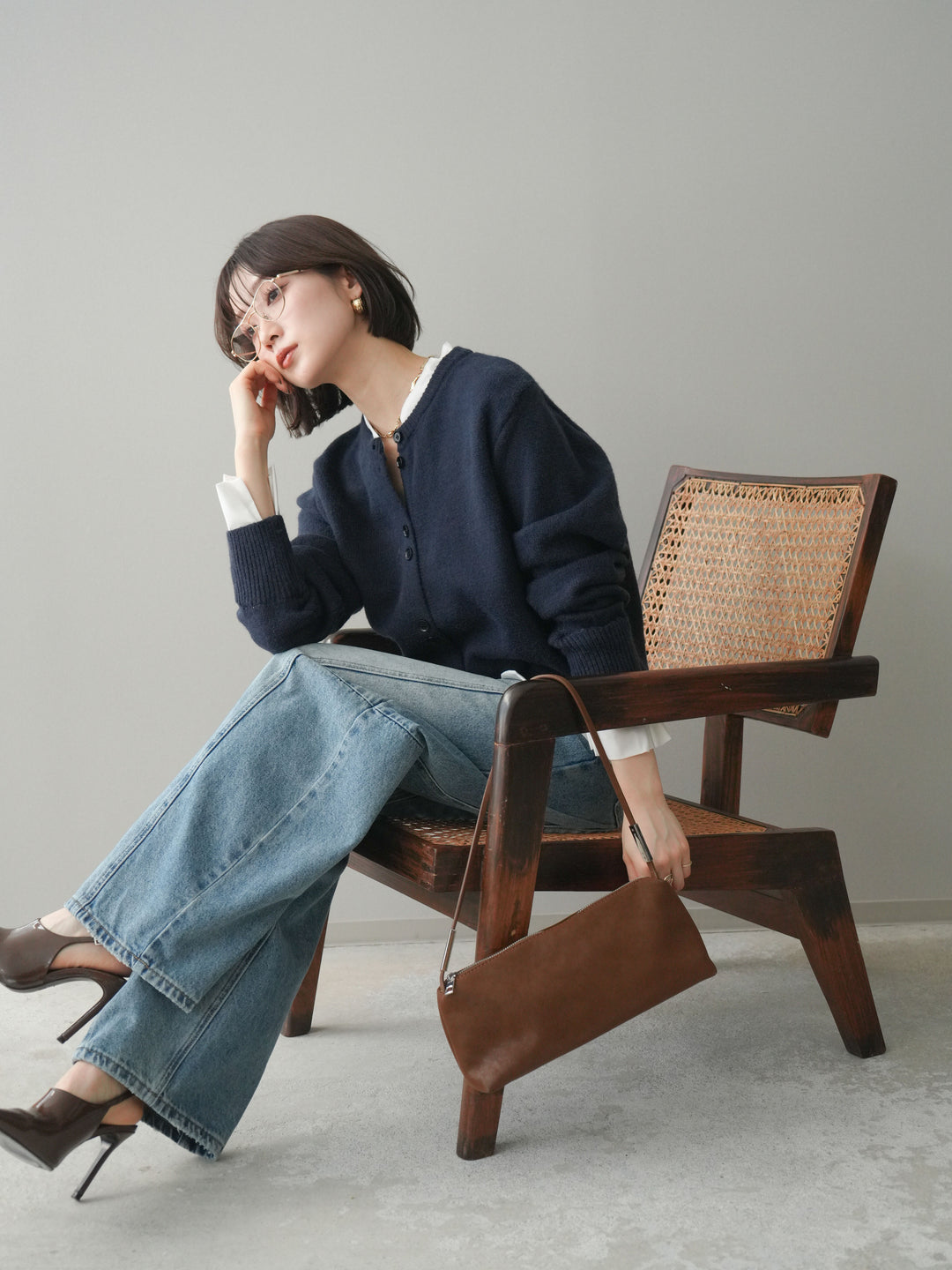 [SET]布帛ドッキングニットカーディガン+ガーメントウォッシュカーブデニムパンツ(2set)