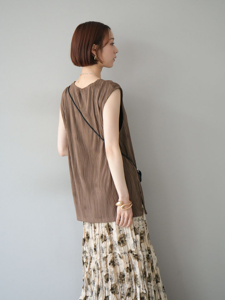 [SET]ウェーブパイピングVネックベスト+フラワーワッシャーロングスカート(2set)