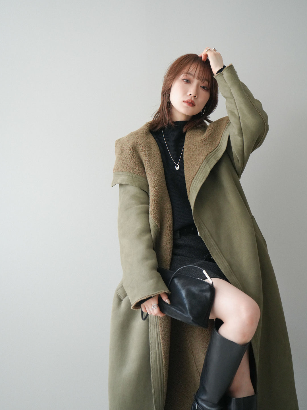 [SET]BIGカラームートンコート+ボトルネック裾カールリブニットトップス(2set)