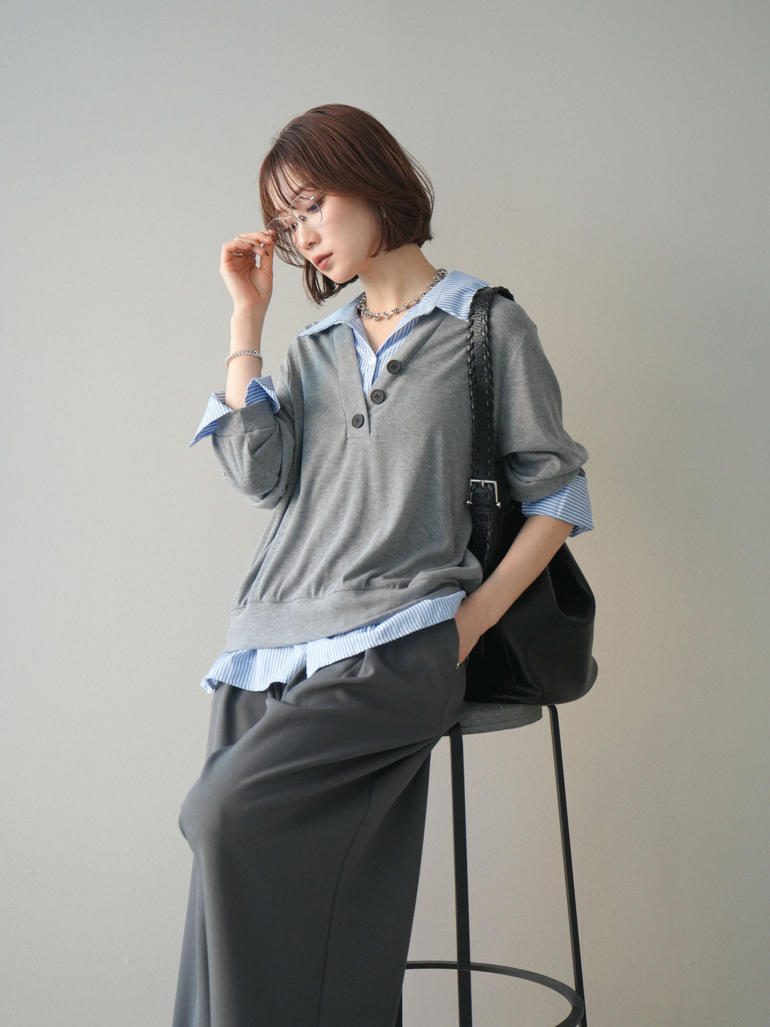 [予約]シャツレイヤードデザインカットプルオーバー/lightgray