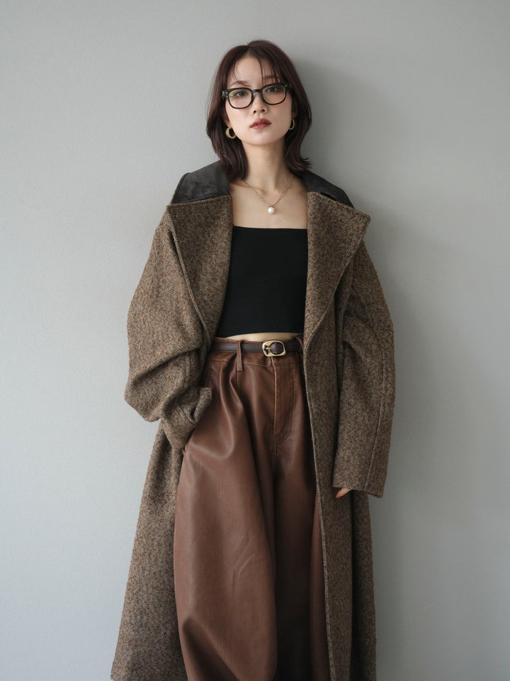 [予約]ネップヘリンボーンレザー襟チェスターコート/brown