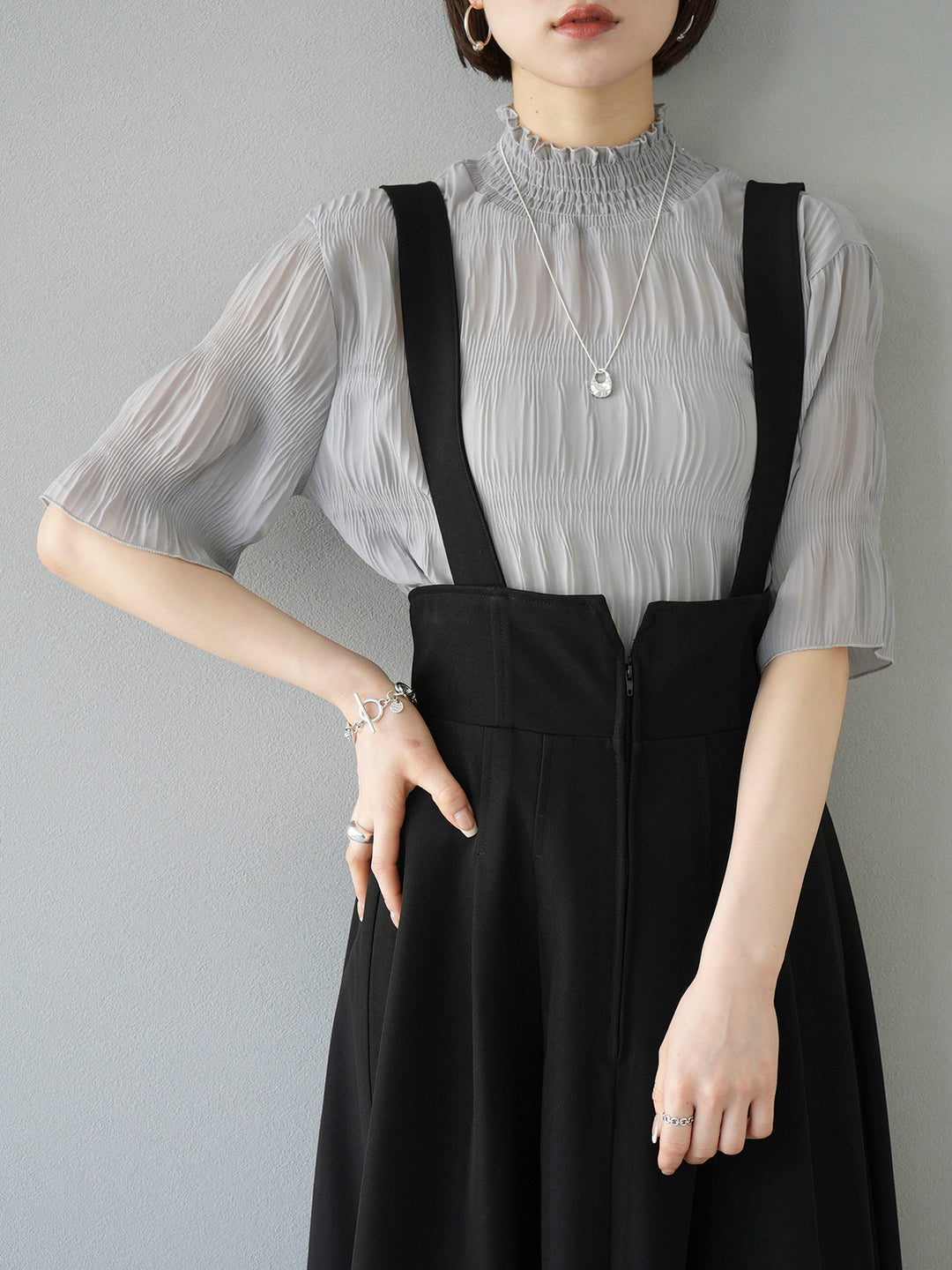 [SET] Shirring chiffon half sleeve blouse + 2WAY flare jumper skirt (2set)