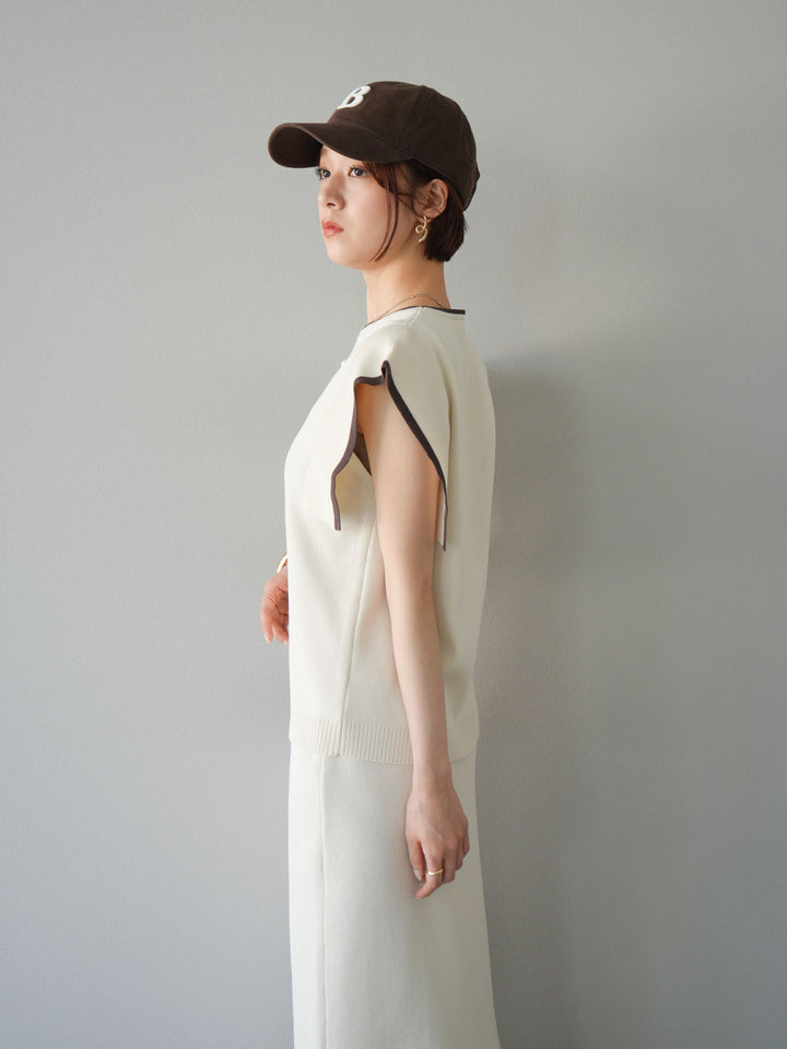 【預購】亞麻質感方袖拼色針織套頭衫/象牙白