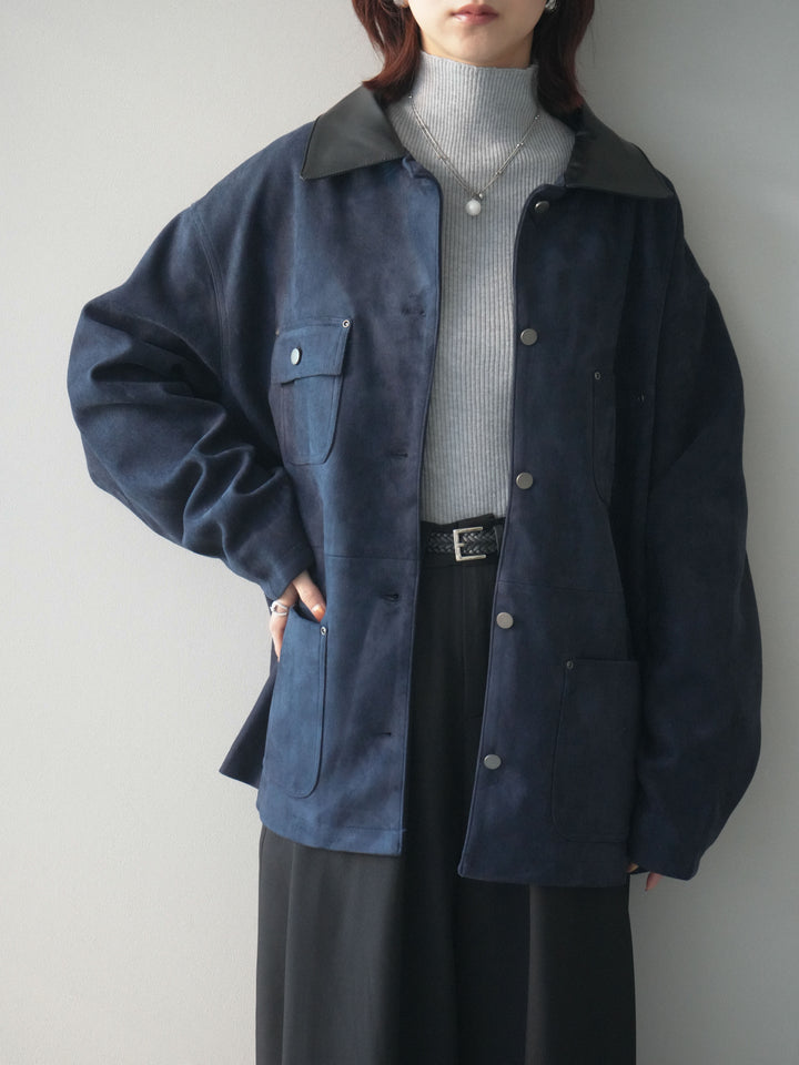 [SET]襟レザーステンカラースエードジャケット+袖ボタンボトルネックリブニットトップス+ベルトループデザインワイドパンツ(3set)