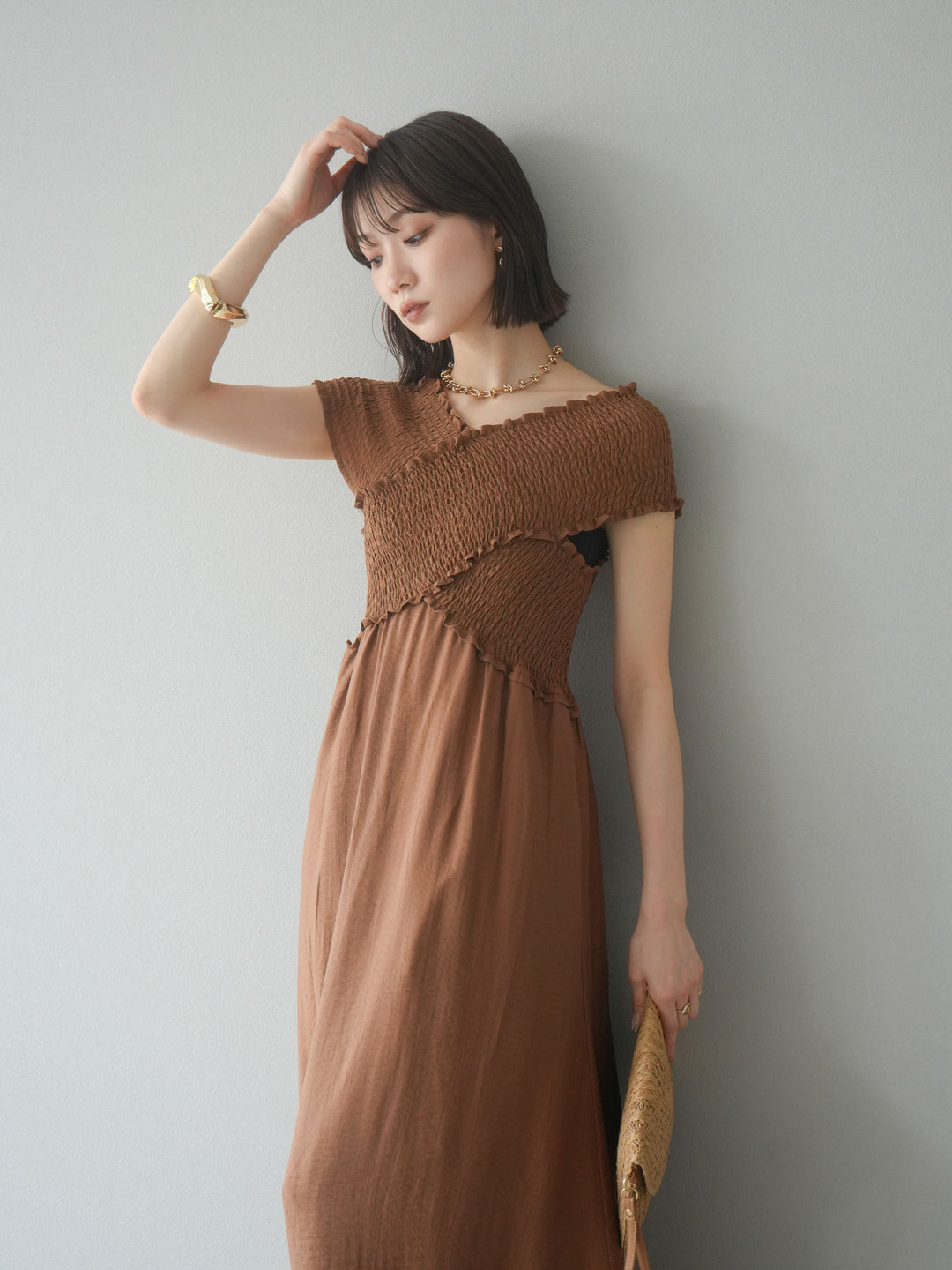 [SET]シャーリングクロスワンピース+シャーリングクロスワンピース(2set)