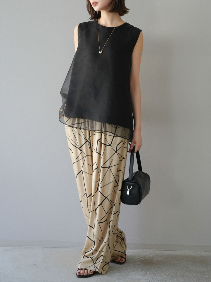[予約]ビスコースサテンプリントタックイージーパンツ/ベージュ