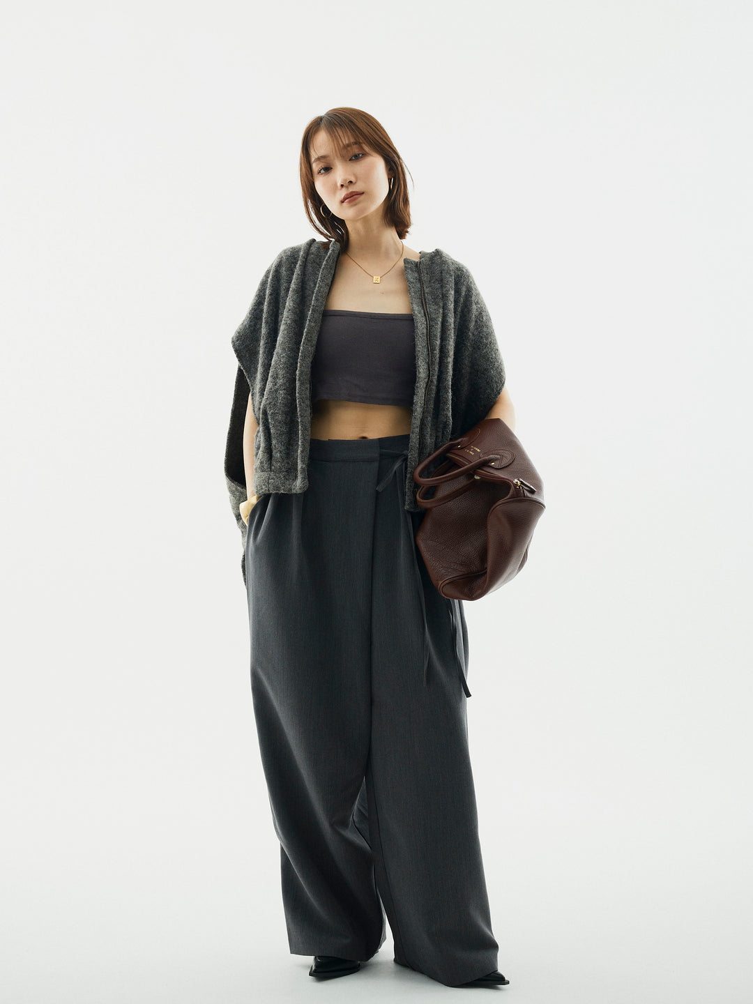 【Allure】[SET]ウール混コクーンブルゾン+ラップデザインタックワイドパンツ(2set)