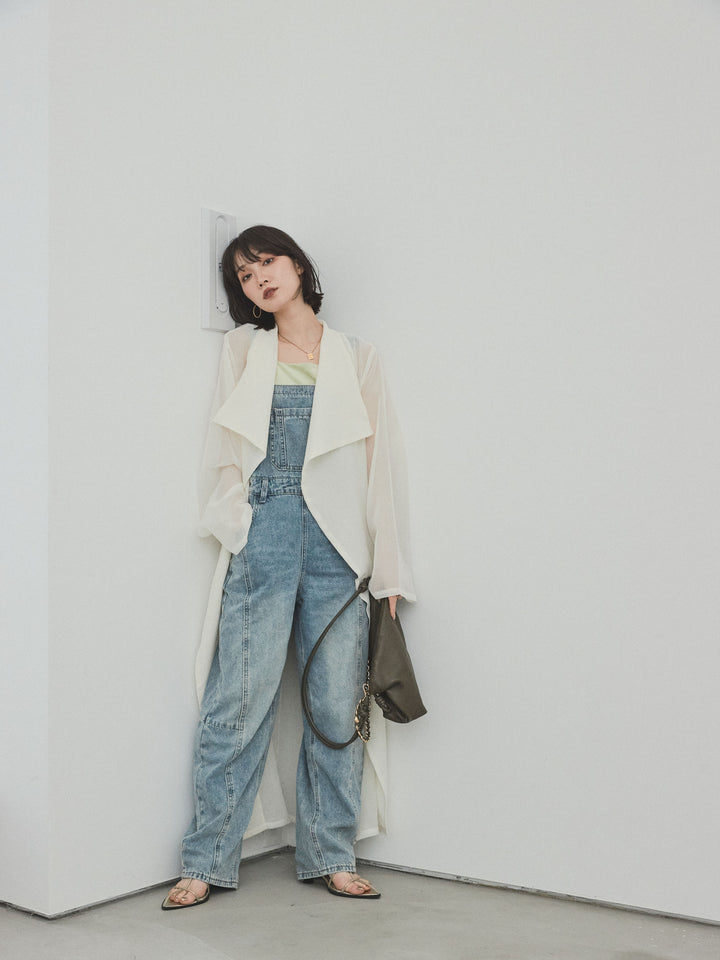 [SET] 中縫牛仔背帶褲 + 透視長版外套（2 件組）