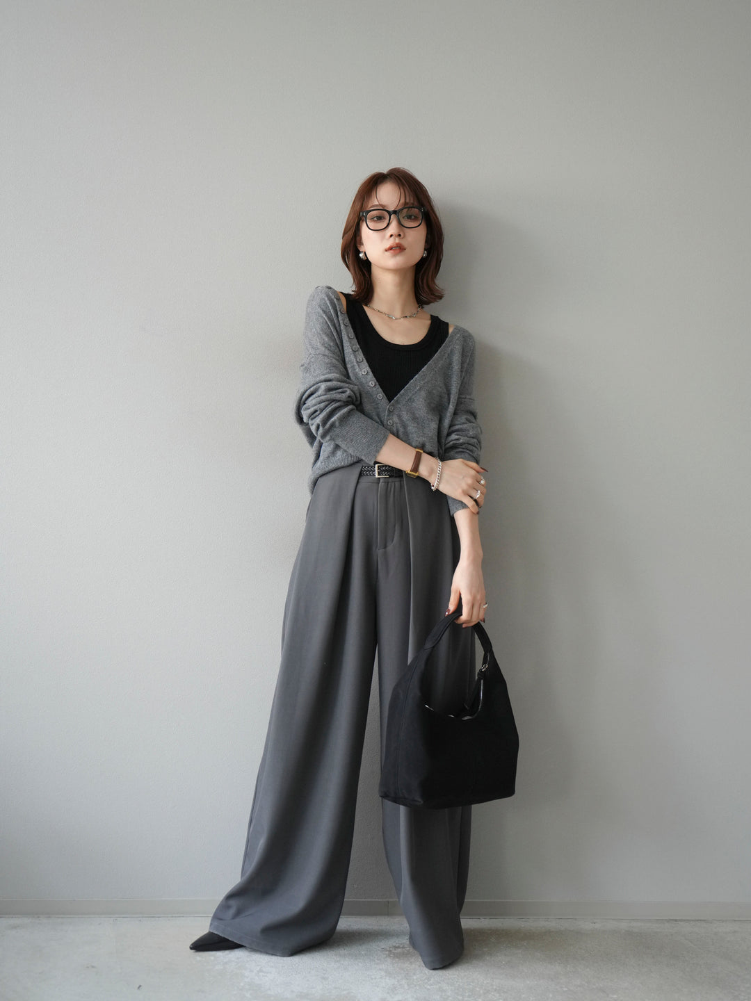 [予約]デザインボタンニットカーディガン＆タンクトップSET/グレー