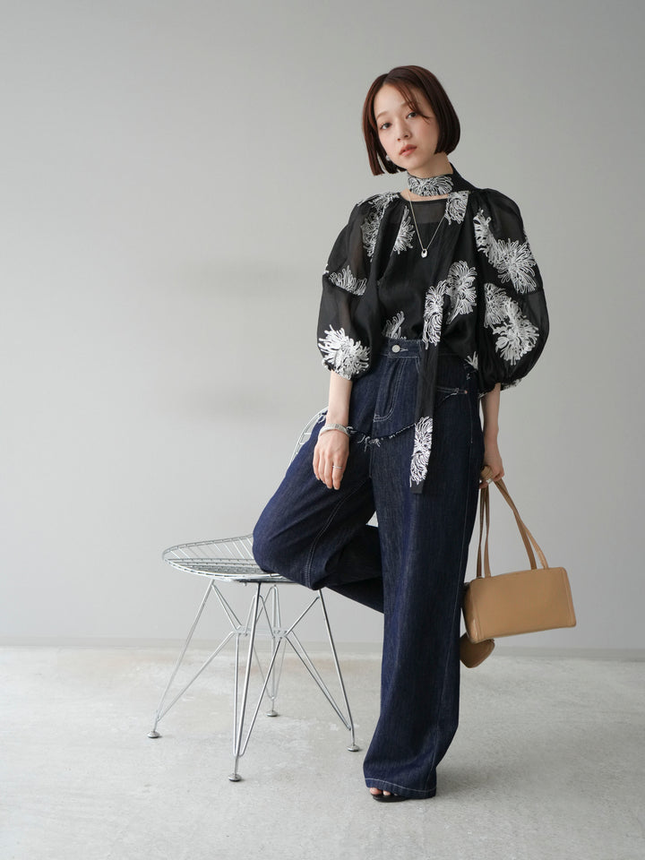 [予約]刺繍シアーバルーンスリーブブラウス/ブラック
