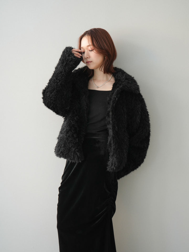 [SET]フェイクファー襟付きショートブルゾン+ギャザーベロアスカート(2set)