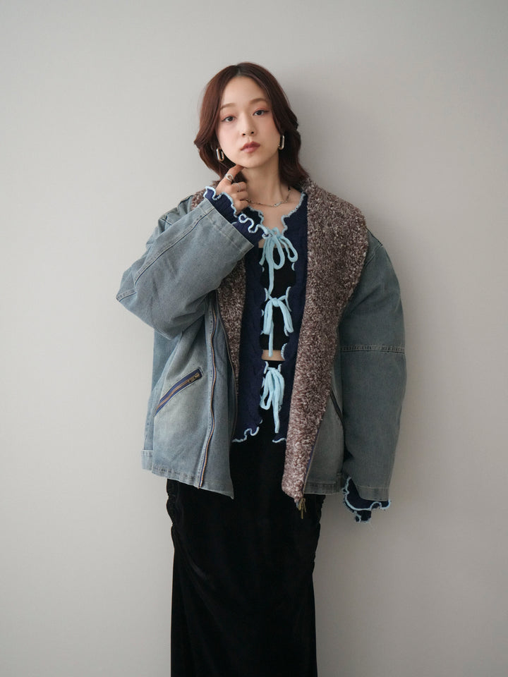 [SET]ミックスボアデニムジャケット+フロントリボン配色メローニットカーディガン(2set)