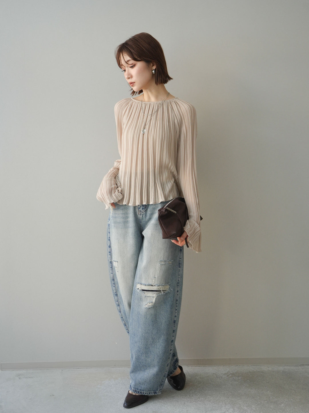 [SET]プリーツシアーフレアスリーブニットトップス+ダメージデニムセミワイドパンツ(2set)