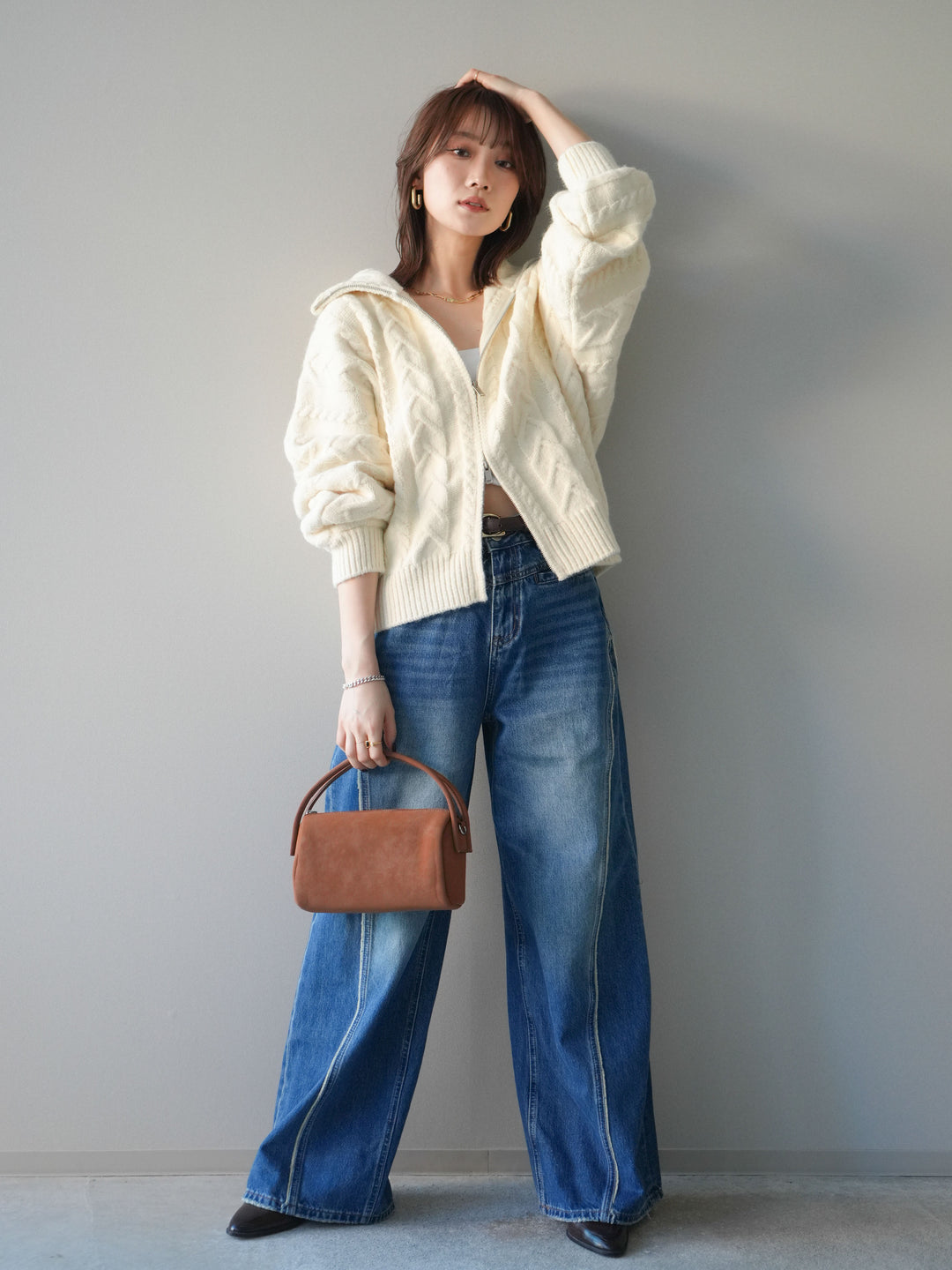 [SET]ケーブル編みハイネックZIPニットカーディガン+サイドフリンジワイドデニムパンツ(2set)