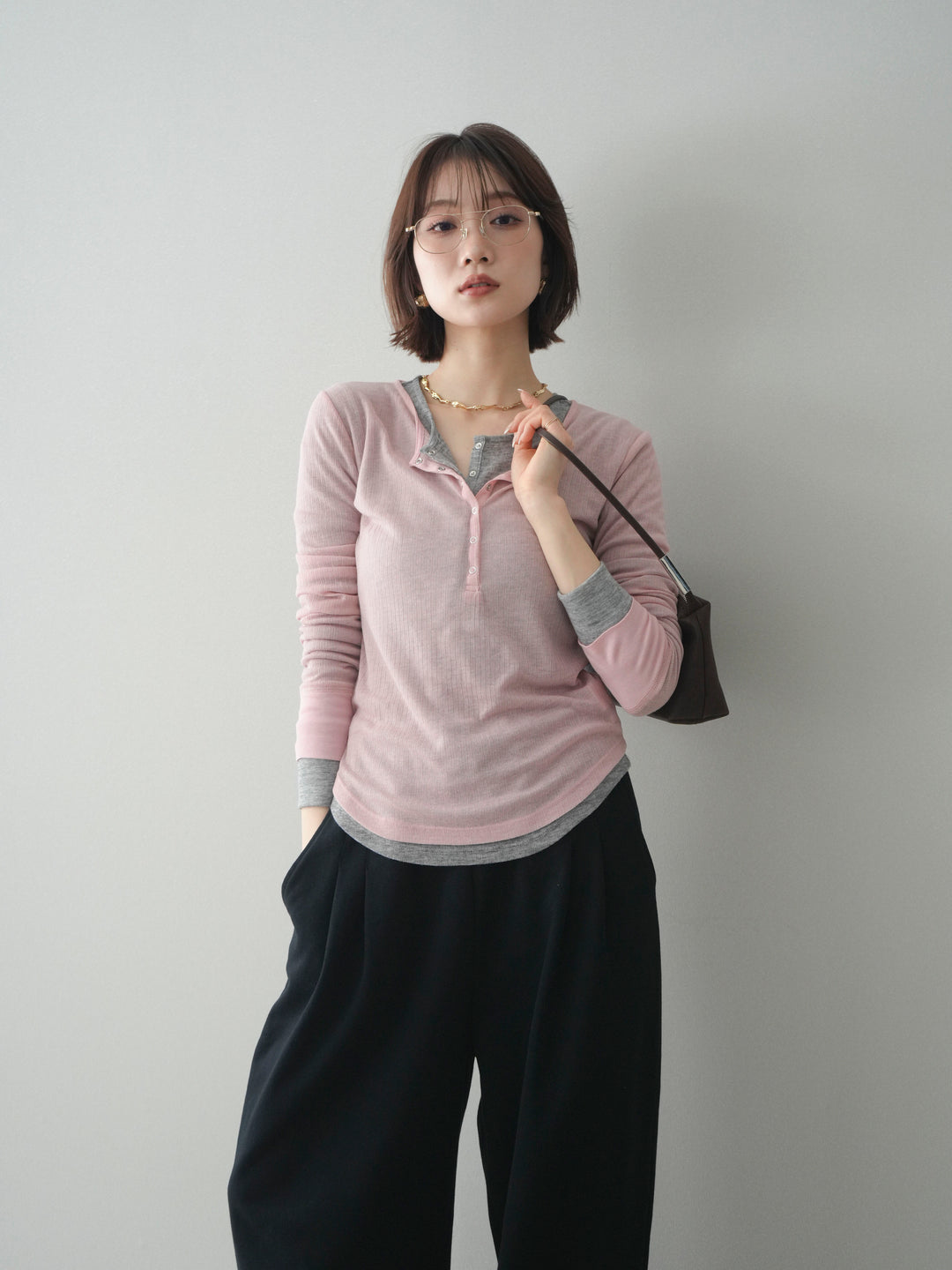 [予約]シアーリブヘンリーネックロンT/pink