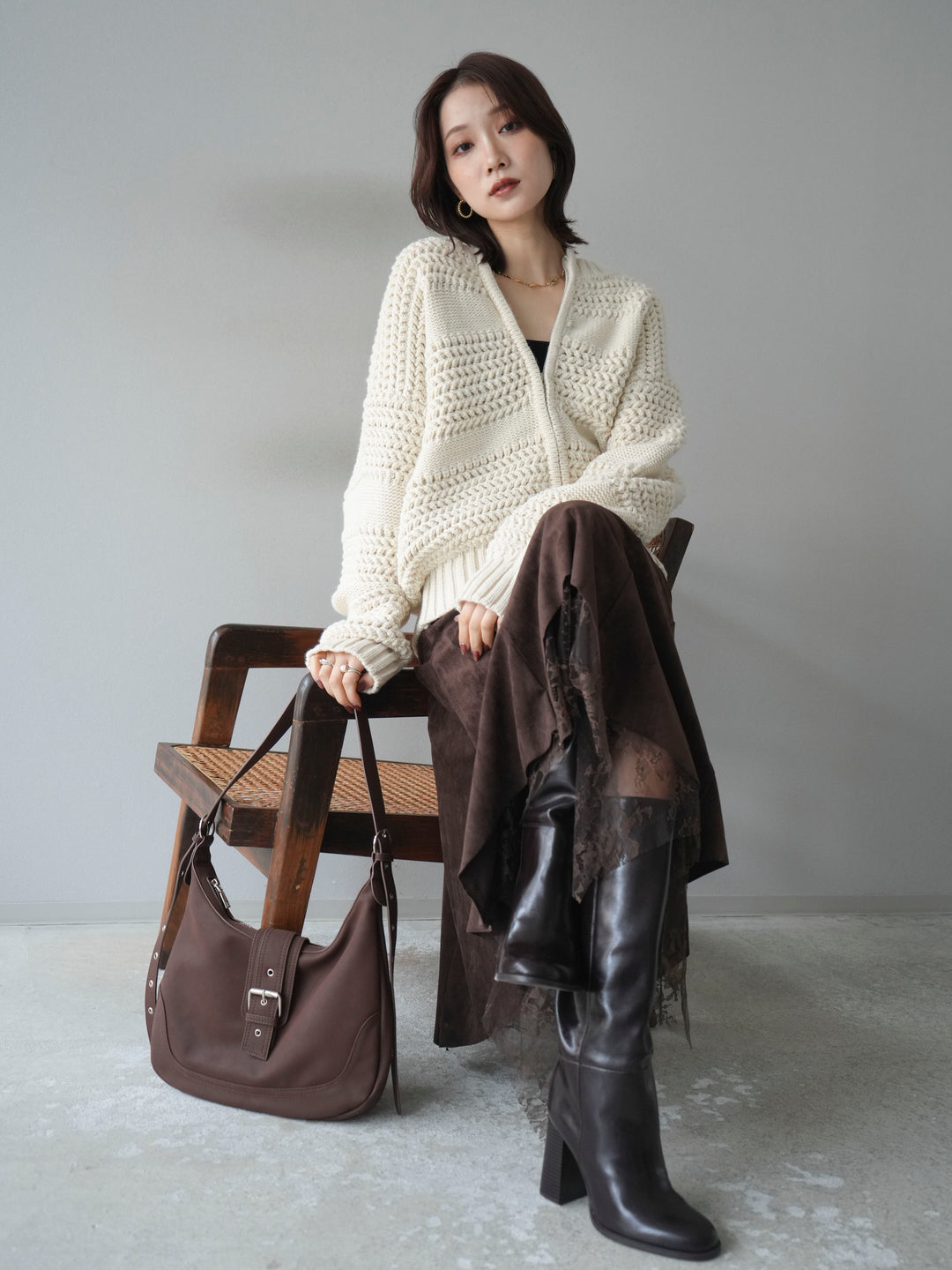 [予約]ケーブル編みZIPニットカーディガン/ivory