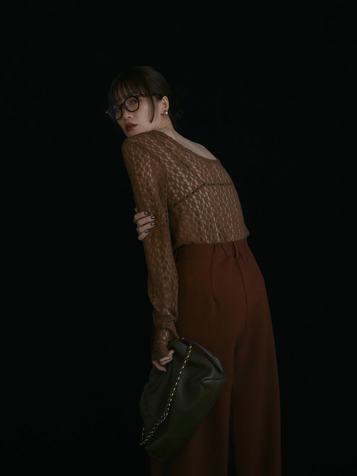 【Allure】[SET]バックラウンドレーストップス+ラップデザインタックワイドパンツ(2set)