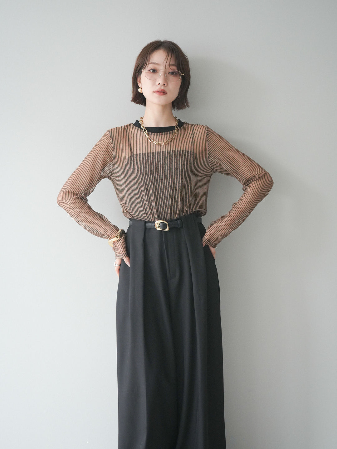 [SET]シアーストライプメッシュトップス+ドレープタックベルトループパンツ(2set)