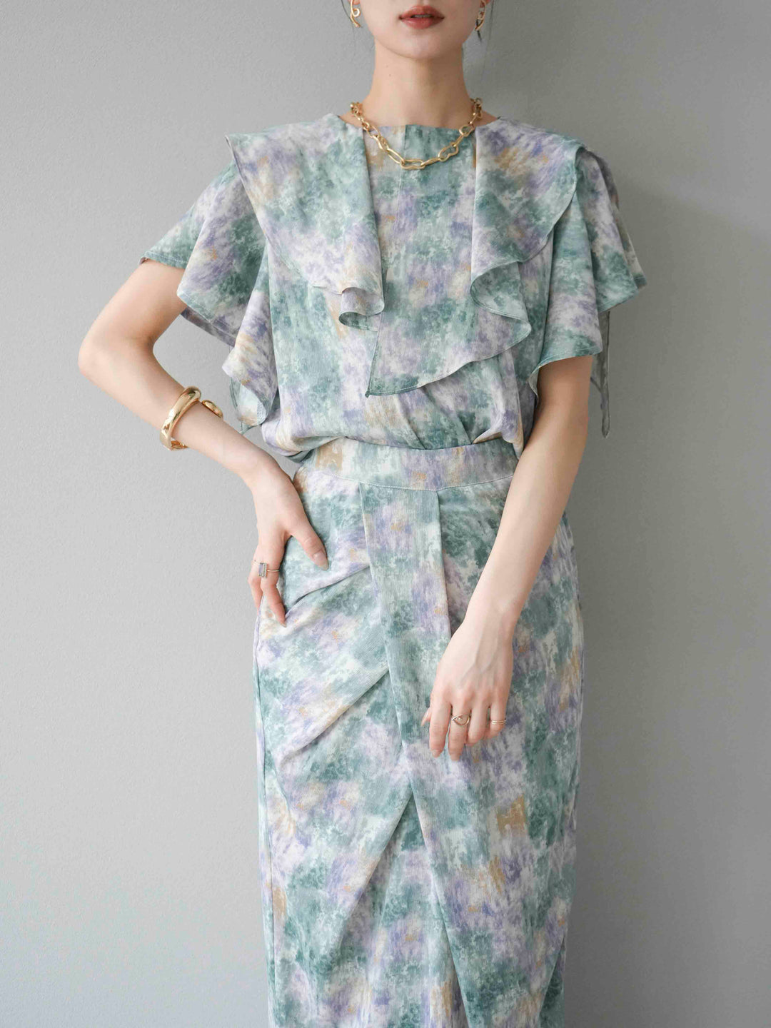 [予約]水彩アートラッフルカラーブラウス/グリーン