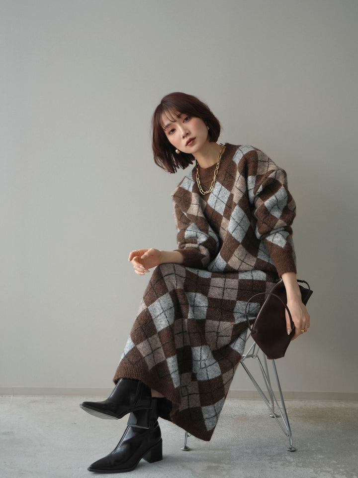 [SET]アーガイルニットプルオーバー&ロングスカートSET UP+選べるアクセセット(2set)