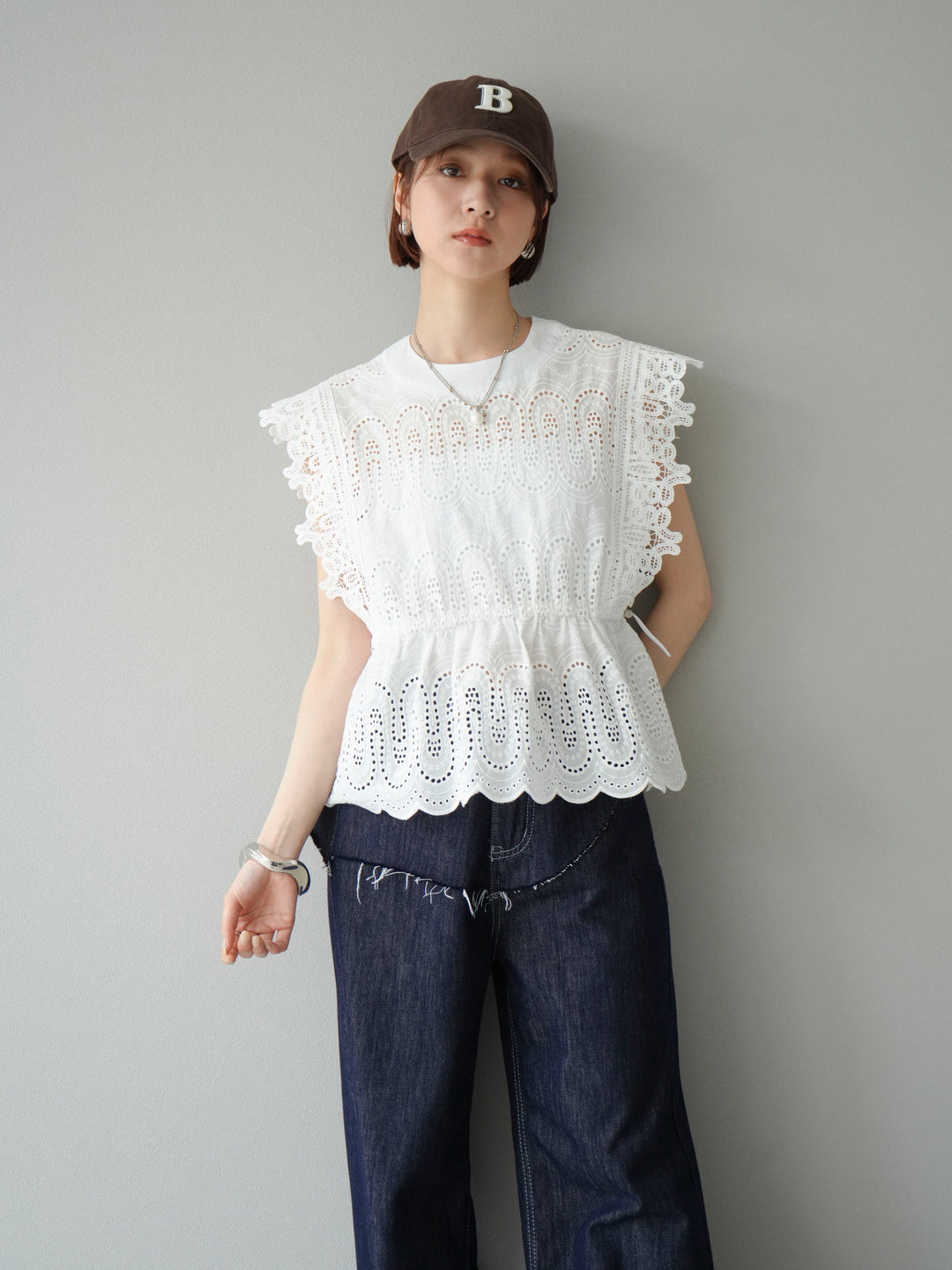 [予約]スカラップ刺繍レースブラウス/ホワイト