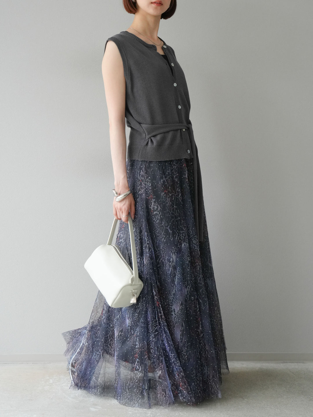 [予約]ニュアンス柄チュールレイヤードプリーツスカート/ネイビー